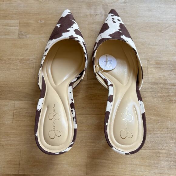 Jessica Simpson Cow Print Heels Stiletto Pointed Toe 9M Mules NWT Western Bold - Picture 6 of 8